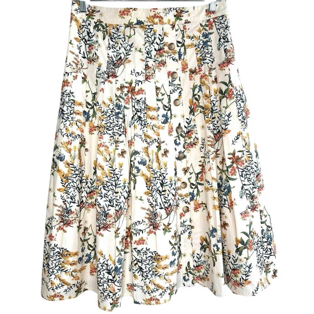 Antonio Melani Floral Pleated‎ Midi Skirt Women's 6 Button Front Lined A-Line